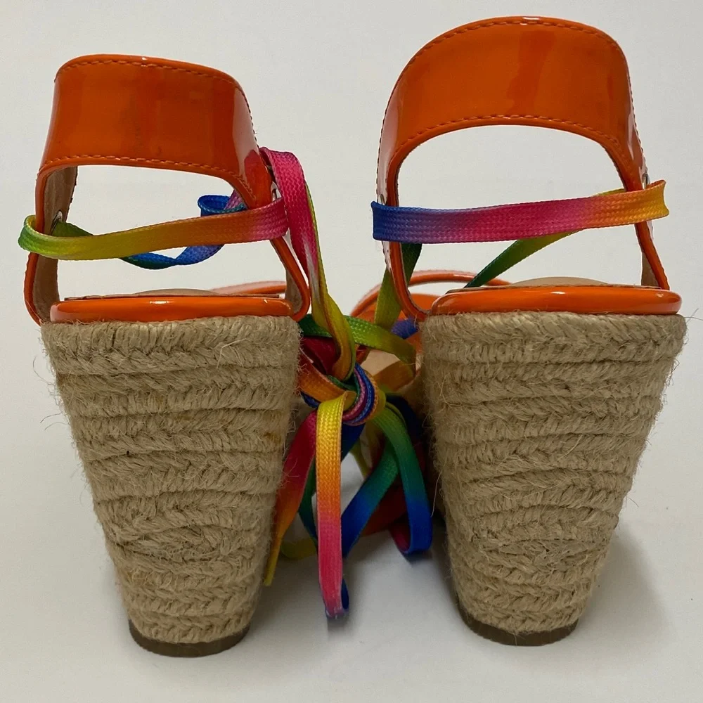Liliana Orange Dopamine Wedge Espadrille with Multicolor Straps Size 5.5